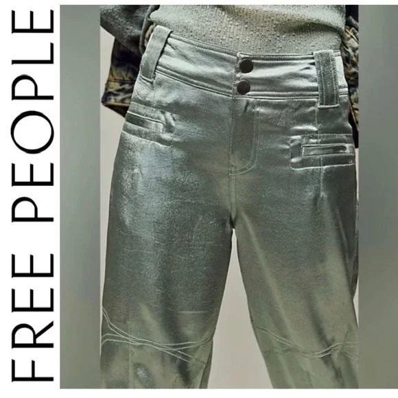 NEW Free People Ryder Pants Metallic Silver Satin Moto Crop Vegan Shiny Green 0 - Picture 3 of 13
